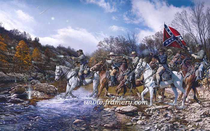 CHARGE ACROSS THE HARPETH Gen N.B. Forrest charges Federal forces at Hughes Ford, Franklin, Tenn, Nov. 30. 1864 S/N Lim Ed Print Image Size 18.25" X 29.25" Issue price $200 In stock and available